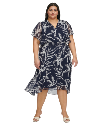 Dkny Plus Size Floral Crinkle-chiffon Smocked Midi Dress In Navy Multi