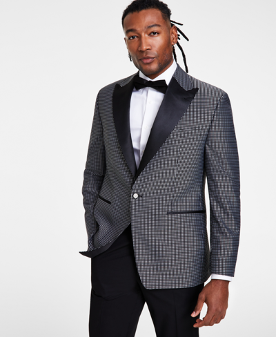 Tayion Collection Men's Classic Fit Contrast-trim Dinner Jacket In Silver,black Check