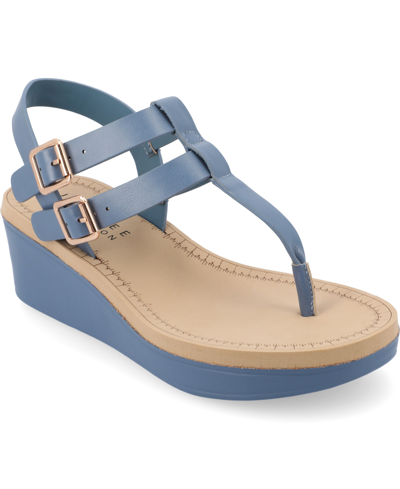 Journee Collection Women's Bianca Double Buckle Platform Wedge Sandals In Blue Faux Leather- Polyurethane