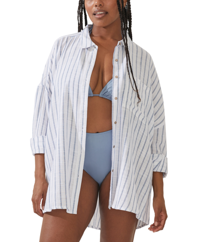 Cotton On Women's Striped Swing Beach Cover Up Shirt In Faded Khaki Stripe