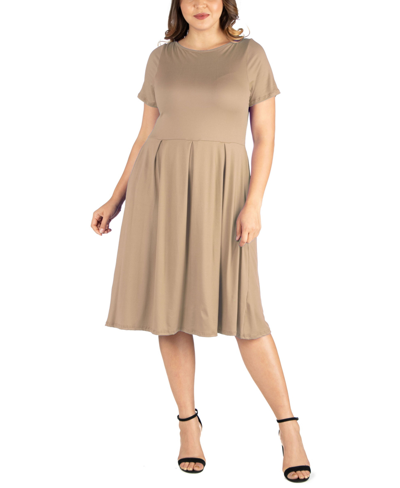 24seven Comfort Apparel Plus Size Short Sleeve Midi Dress With Pockets In Taupe