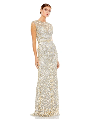 Mac Duggal High Neck Sleeveless Beaded Fringe Fitted Gown In Platinum Gold