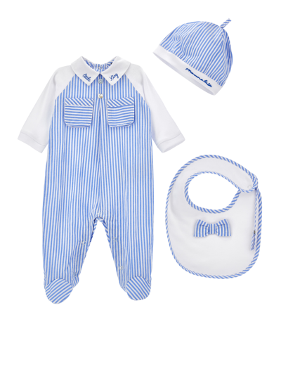 Monnalisa Babies'   Striped Three-piece Set In White + Cloud