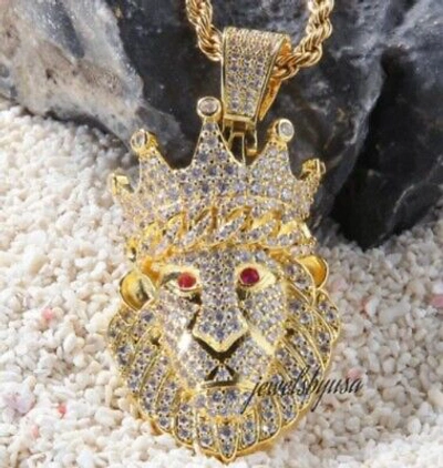 Pre-owned Nsg Men's 3d Lion Face Pendant 1.27ct Round Moissanite 14k Yellow Gold Plated Silver In White