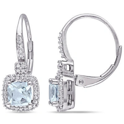 Pre-owned Amour Cushion Cut Aquamarine And 1/5 Ct Tw Diamond Halo Leverback Earrings In In White