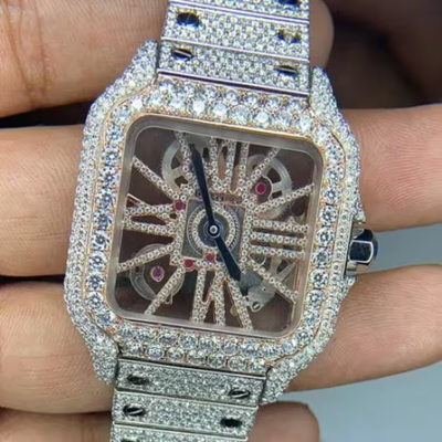Pre-owned Cartier Swiss Eta Automatic Movement Full Ice Out Rose Gold Moissanite Diamond