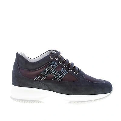 Pre-owned Hogan Women Shoes Interactive Dark Blue Suede Tech Fabric Sneaker With Strass