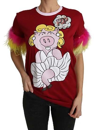 Pre-owned Dolce & Gabbana Chic Red Pig Print Crew Neck T-shirt