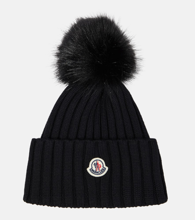 Moncler Ribbed Wool Beanie With Faux Fur Pom In Black