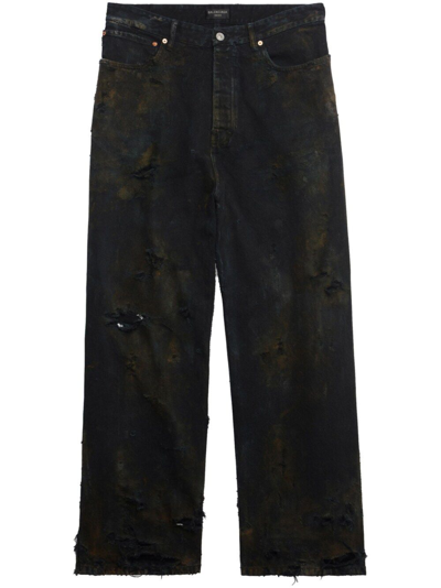 Balenciaga Super Destroyed Baggy Trousers In 1363 -flat Black