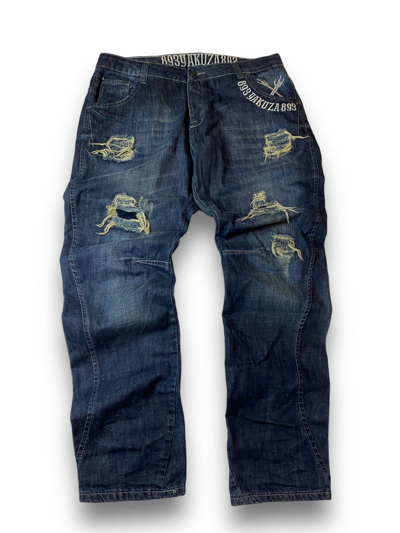 Pre-owned Vintage Japanese  Yakuza Gothic Ripped Faded Baggy Jeans In Blue