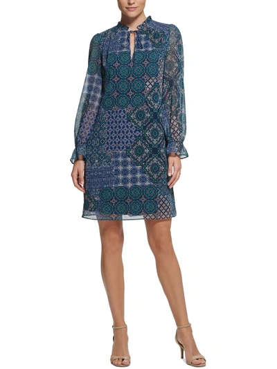 Jessica Howard Petites Womens Chiffon Printed Shift Dress In Blue