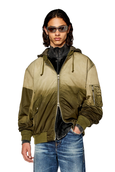 Diesel Hooded Bomber In Treated Nylon Satin In Green