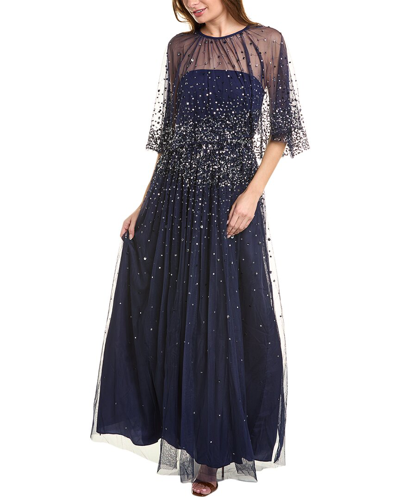 Aidan Mattox Beaded Strapless Capelet Gown In Blue