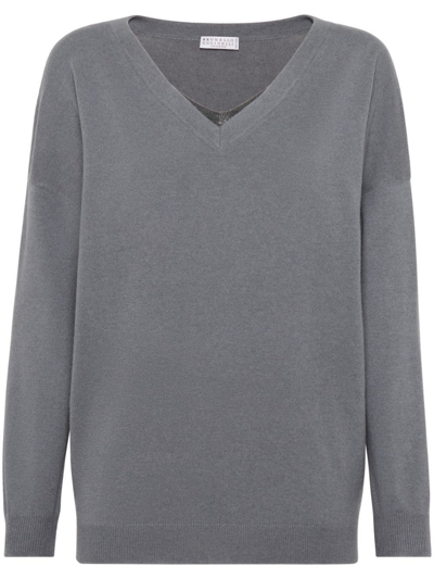 Brunello Cucinelli Cashmere V-neck Sweater In Gray