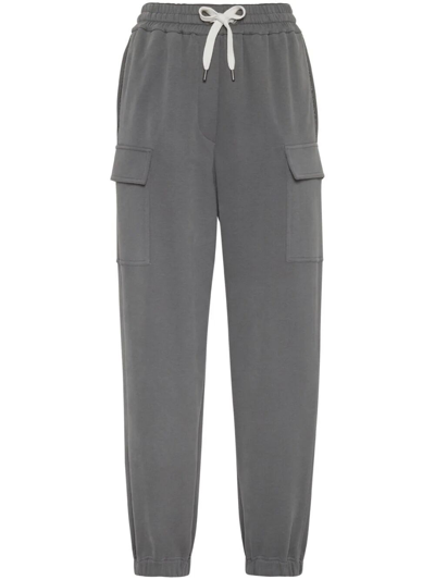 Brunello Cucinelli Bead-embellished French Cotton-terry Track Trousers In Dark Grey