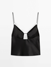 Massimo Dutti Satin Camisole Top With Contrast Lace In Black