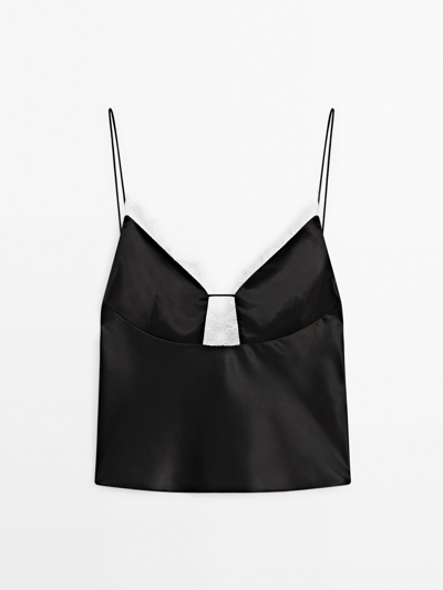 Massimo Dutti Satin Camisole Top With Contrast Lace In Black