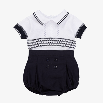 Pretty Originals Babies' Boys White & Blue Cotton Knit Shorts Set