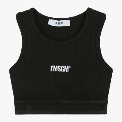 Msgm Kids' Logo-embroidered Ribbed Crop Top In Black