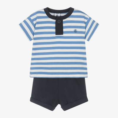Petit Bateau Babies' Boys Blue & White Stripe Shorts Set