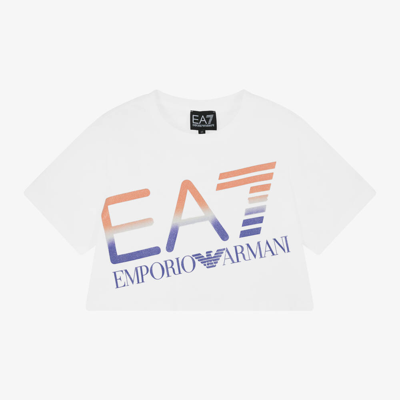 Ea7 Kids'  Emporio Armani Girls Cropped White Cotton T-shirt