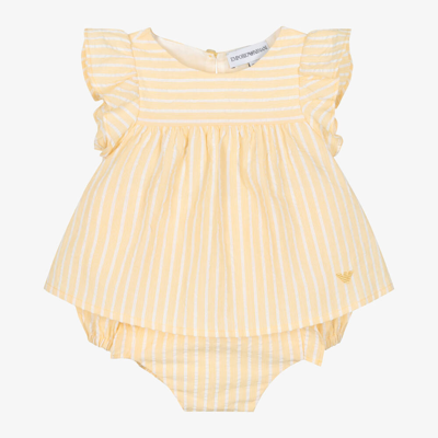 Emporio Armani Babies' Girls Yellow Striped Cotton Shorts Set