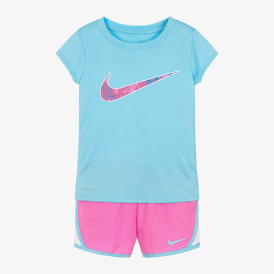 Nike Kids' Girls Blue & Pink Dri-fit Shorts Set