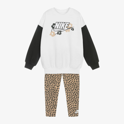 Nike Kids' Girls Beige Floral Cotton Leggings Set In White