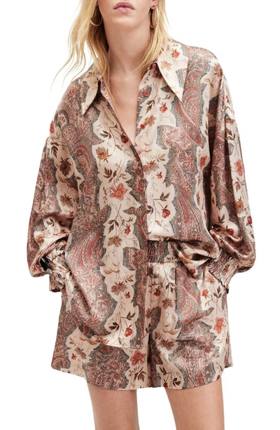 Allsaints Charli Cascade Smocked Cuff Shirt In Clay Pink