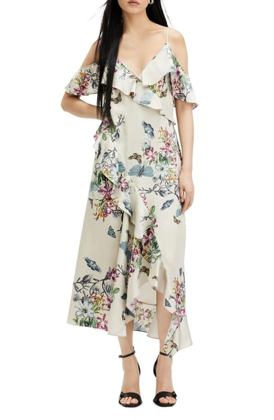 Allsaints Orion Sanibel Floral Cold Shoulder High-low Dress In Taupe Grey