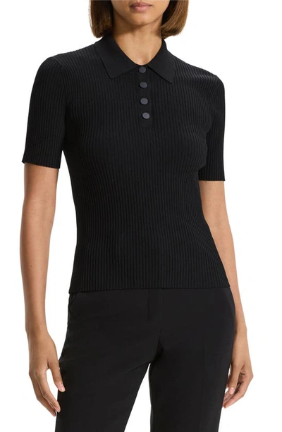 Theory Ribbed Compact Crepe Short-sleeve Polo Shirt In Black