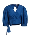 Red Valentino Taffeta Top With Puff Sleeves And Bow Detail In Blue