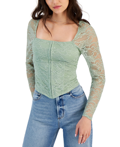 Madden Girl Juniors' Lace-sleeve Corset Top In Fresh Sage