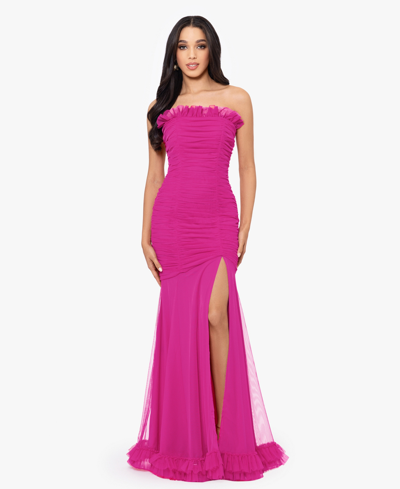 Blondie Nites Juniors' Ruffled Ruched Strapless Mesh Gown In Hot Pink