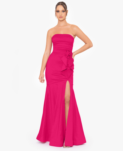 Blondie Nites Juniors' Ruched Rosette Strapless Gown In Fushia