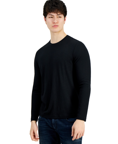 Inc International Concepts Men's Long-sleeve Crewneck Variegated Rib Sweater, Created For Macy's In Deep Black