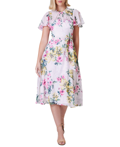 Jessica Howard Petite Printed Flutter-sleeve Tie-waist Dress In Ivory Multi