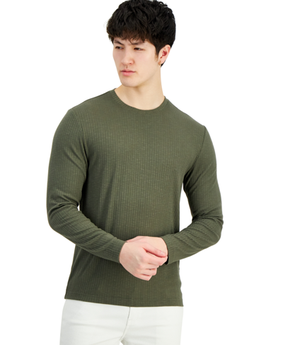 Inc International Concepts Men's Long-sleeve Crewneck Variegated Rib Sweater, Created For Macy's In Olive Twist