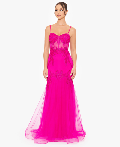 Blondie Nites Juniors' Sequined-lace Corset Gown In Hot Pink