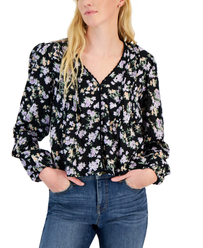 Hippie Rose Juniors' Floral-print Pintucked Blouse In Black Floral