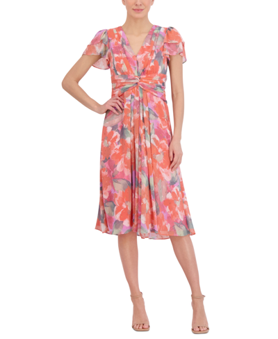 Jessica Howard Women's V-neck Tiered-flutter-sleeve Midi Dress In Dark Pink