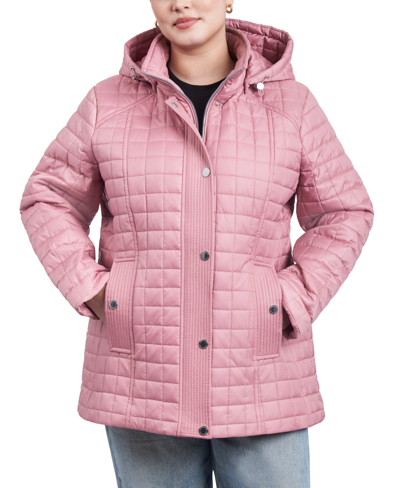 London Fog Women's Plus Size Hooded Quilted Water-resistant Coat In Heather