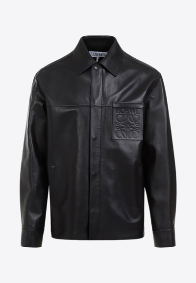 Loewe Anagram Pocket Leather Overshirt In Black