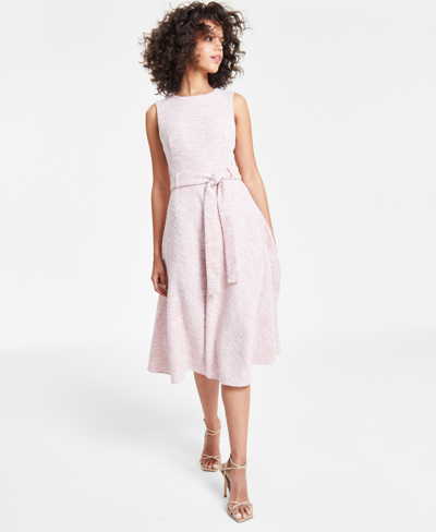 Calvin Klein Women's Jewel-neck Sleeveless Belted Tweed Midi Dress In Blossom
