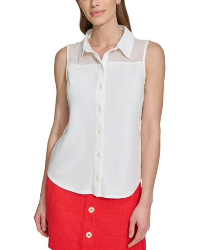 Dkny Petite Sleeveless Button-up Shell Top In Ivory