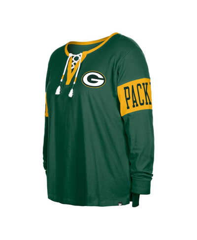 New Era Women's  Green Green Bay Packers Plus Size Lace-up Notch Neck Long Sleeve T-shirt