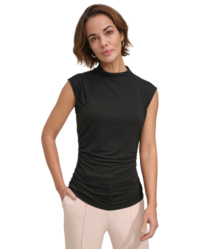 Dkny Petite Ruched High-neck Sleeveless Top In Black