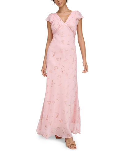 Calvin Klein Women's V-neck Flutter-sleeve Maxi Dress In Silver Pink Multi