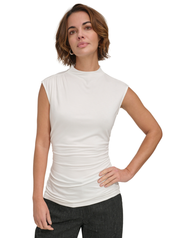 Dkny Petite Ruched High-neck Sleeveless Top In Ivory